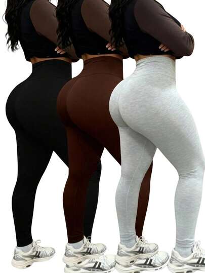 INAWLY 3pcs/Set Women's Solid Color High Waist Skinny Casual Sports Yoga Pants