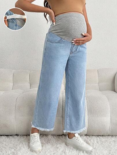 SHEIN Maternity Casual Loose Blue 3/4 Jeans With Gray Waistband Patchwork