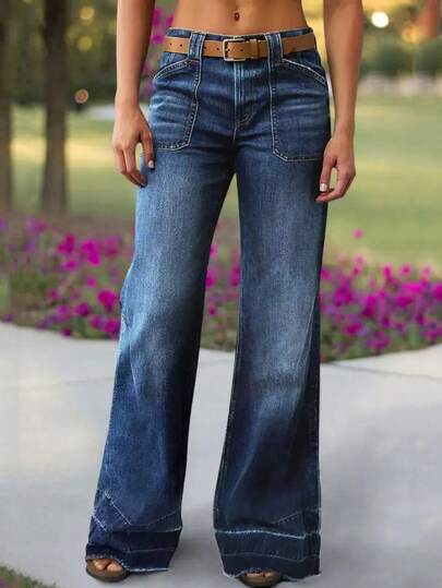 Women's Denim Jeans (No Belt) Diamond Fashion Pocket Wide Leg Frayed Hem Jeans