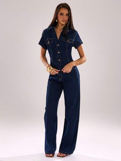 SHEIN BAE 2pcs Navy Blue Denim Outfit,Summer Casual Everyday Single-Breasted Short Sleeve Shirt & Low-Waist Wide-Leg Jeans Set,Vintage Y2K Women's Cruise Outfit