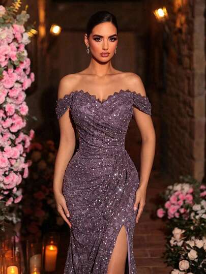 Glamrae Elegant Purple Stretch Lace Off-Shoulder Dress,Ruched Front Flattering Fishtail Hem With High Slit,Suitable For Weddings,Parties,Galas&Formal Events