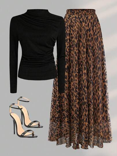 Women Autumn Solid Crew Neck Pleated Fitted Long Sleeve T-Shirt + Leopard Print Skirt Casual 2 Pieces Outfit Spring Elegant