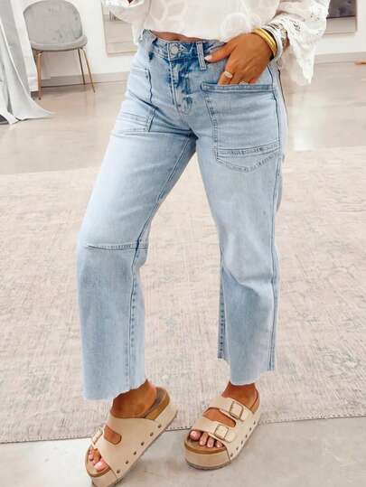 Women's Casual Straight Leg Cropped Length Jeans, Frayed Hem, Medium Stretch, Fashion Relaxed Retro Style Spring, Effortless Style Fall