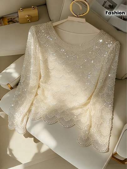 Women's Elegant Handmade Faux Pearl Tassel Semi-Sheer Apricot Blouse, Shiny Casual Fashion Long Sleeve Top, Holiday Outfit, Sequin Decor