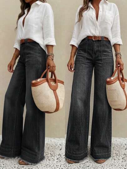 New Women's High-Quality Fashion Casual Loose Fit Denim Wide Leg Jeans, Comfortable Fit Fall Black