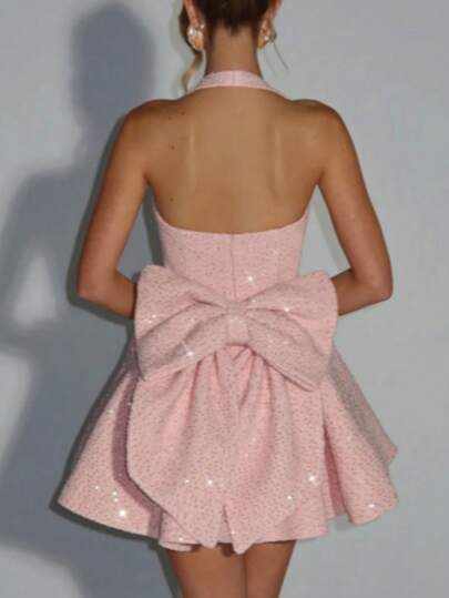Autumn Women's Pink Shiny Bow Halter Neck Elegant Party Dress, Suitable For Dates, Gatherings, Parties