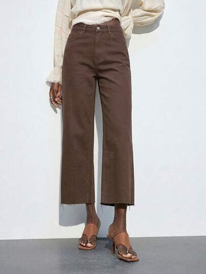 Maija Women's Casual Minimalist Design Versatile Daily Wear Straight Leg Cropped Length Jeans Everyday Shades Of Brown Fall