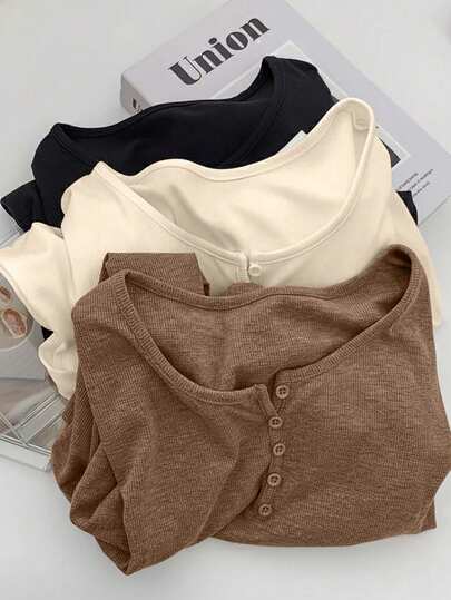 IslaSuriya Women's Autumn Minimalist 3 Pack Solid Color Ribbed Henley Button Detail Long Sleeve T-Shirt 2026