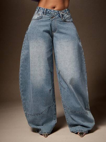 Vixey Asymmetrical Waist Barrel Wide Leg Denim Pants, Brunch, Day-To-Night, Day Date, Casual Chic