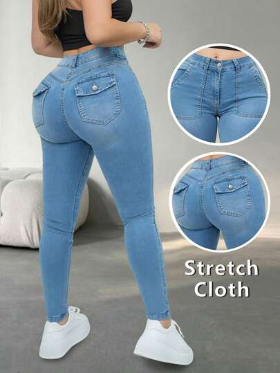 Women's Casual Slim Fit Jeans, High Elasticity Fabric, Full Length, With Button And Zipper Pockets, Suitable For Spring, Autumn And Summer Fall