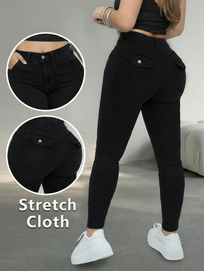 Women's Casual Slim Fit Jeans, Medium Stretch Fabric, Long Length, With Button Zipper Pockets, Suitable For Autumn Wear, Black Autumn Style