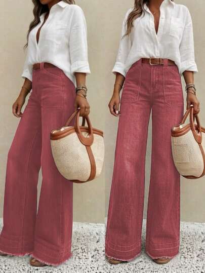 New Women's Denim Wide Leg Long Pants High Quality Fashion Casual Pants Comfortable Fit All Season Wear Daily Fashion Style