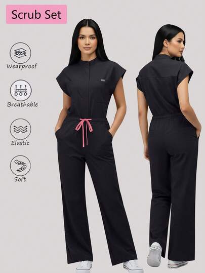 Women's Scrub Set With Pockets, Zipper, Stand Collar, Drawstring Design, Surgical Scrub Set For Clinic Black Fall