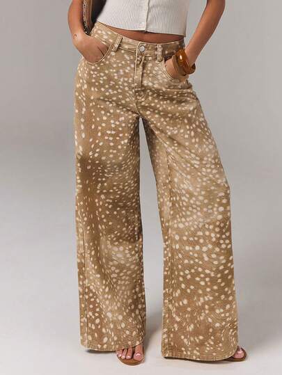 Women's Pocket Button Full Print Casual Versatile Daily Travel Denim Jeans