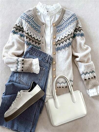 Nordic Faroe Islands Style Jacquard Cardigan, Beige And Blue-Brown, Autumn/Winter Women's Nordic Fair Isle Vintage Jacquard Knit Cardigan, Round Neck Single-Breasted Loose Long Sleeve Autumn/Winter Sweater Jacket, Fair Isle Vintage Wave Jacquard Knit Card