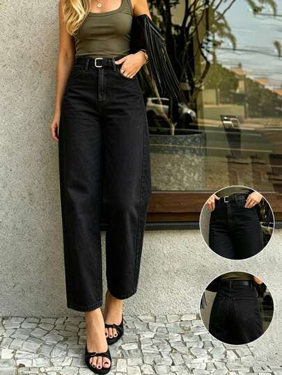 Women's Black Tapered Jeans, Loose Casual Denim Pants, Vacation Y2K Elegant Street Retro, Autumn/Winter
