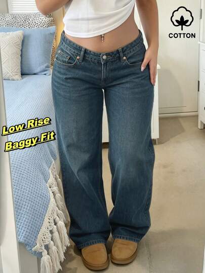MYOURSA Loose Low-Waist Wide-Leg Jeans, Casual Y2K College Style Street, Autumn Fall