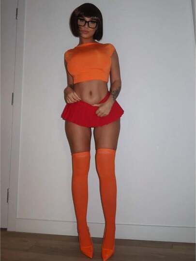 Halloween Velma Cosplay 3 Piece Matching Outfit, Orange Crop Short Sleeve Top Red High Waist Pleated Skort Mini Skirt Women Preppy Y2K Costume