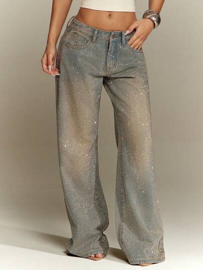 Denimoi Women's Fashion Washed Rhinestone Low Waist Jeans