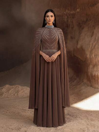 YISIKADO Women's Luxury Crystal Embellished Cape Formal Evening Gown, High Neck Long Sleeve Dress For Formal Occasions, Weddings, Galas, Parties, Graduations