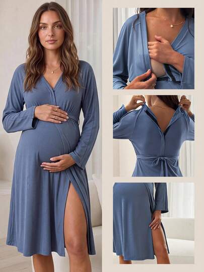 Slowluna Maternity Solid Color Nursing Dress With Split Design