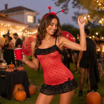 Women Ladybug Costume, Dot Print Cami Dress Beetle Wings And Antenna Headband 3Pcs Cosplay Set For Halloween Party