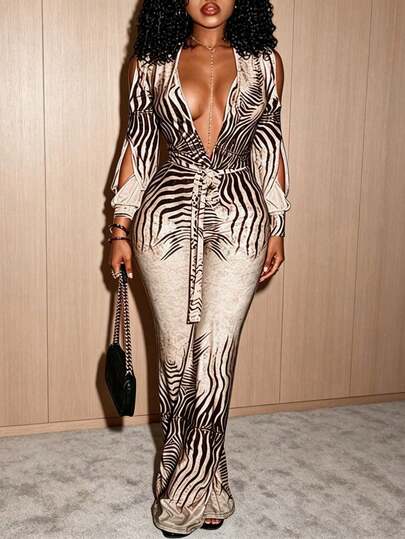 Y2K Gradient Zebra Print Cold Shoulder Deep V Wrap Jumpsuit Self Tie Waist Flare Leg Bodycon Long Sleeve Club Night Out Streetwear Outfit