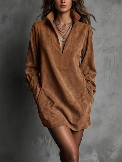 Everyssa Women's Autumn/Winter Stand Collar Button Decor Long Dress With Half-Open V-Neck, Lantern Sleeves, Metal Buttons, Straight Loose Short Dress