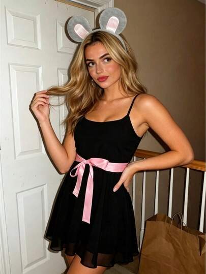 Womens Halloween Costume Mini Dress, Spaghetti Strap Sleeveless Belted Waist Slim‑Fit Short Dress For Cocktail Evening Holiday Party