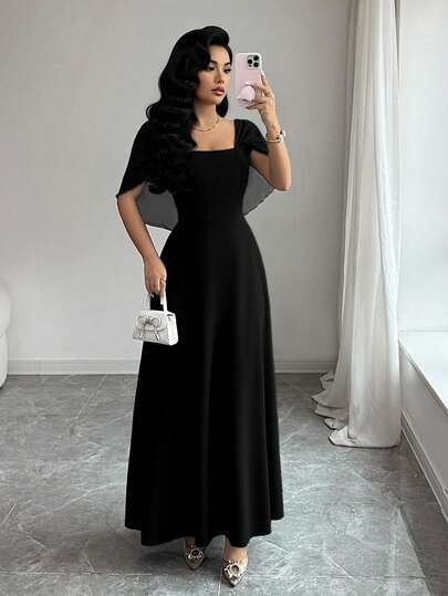 Modelyn Women's Square Neck Cinched Waist A-Line Cape Elegant Romantic Casual Long Dress