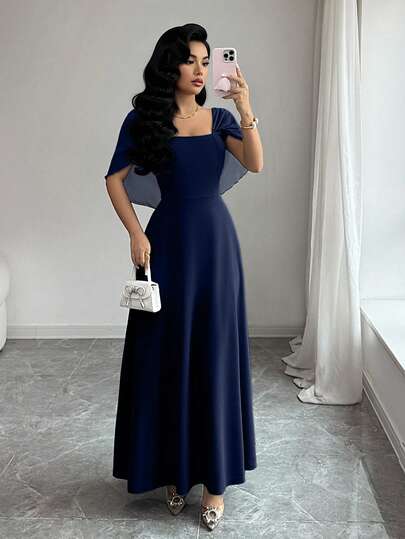 Modelyn Women's Square Neck Waist-Cinching A-Line Cape Elegant Romantic Casual Long Dress