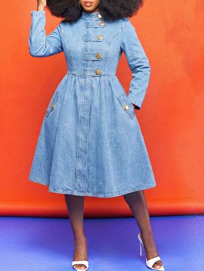 GLOURI Long Sleeve Denim Midi Dress, A-Line Dress With Shoulder Epaulets And Side Pockets With Pockets For Church Office Daily Wear