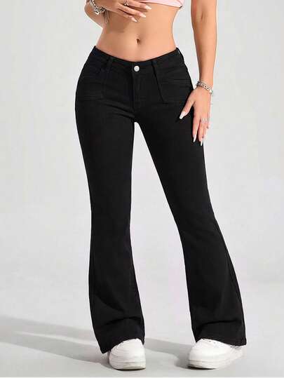 SHEIN PETITE Women's Casual Versatile Flared Jeans With Pockets ,Petite Women