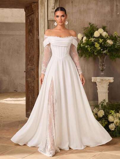 Aureia Elegant Luxurious White Elastic Knit Contrast Lace Cold Shoulder Sheer Sleeve Ruched V-Waist A-Line Hem Wedding Event Bridal Gown Evening Dress