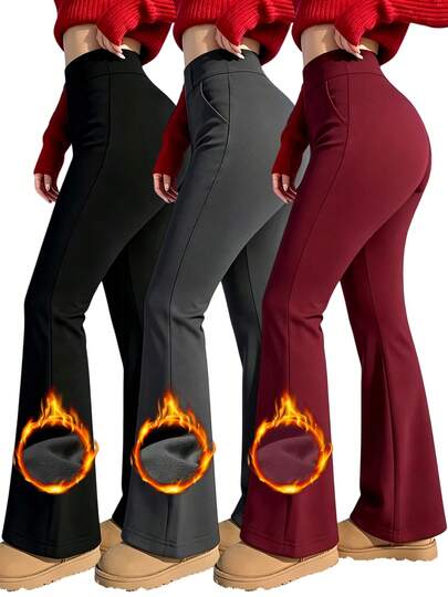EBIOSVE 3 Pack Women's Fleece Lined Flare Leggings, High Waist Tummy Control, Butt Lift, Winter Thermal Pants With Pockets
