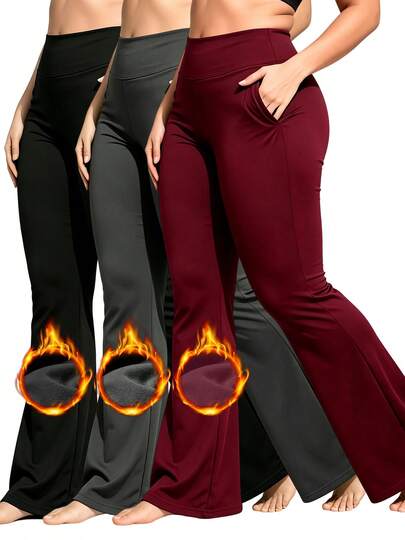 EBIOSVE 3-Pack High Waist Plus Size Tummy Control Butt Lift Leggings Thin Fleece Lined Soft Stretchy Non-Binding Side Pockets Fall Winter Clothes For Women