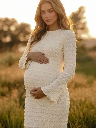 Boho Mama Maternity Solid Color Round Neck Long Sleeve Textured Slim Fit Elegant Casual Dress Photoshoot Maternity White Summer Fall