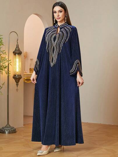Women's Winter Navy Blue Velvet Abaya, Luxury Sequin & Bead Embroidery Long Sleeve Elegant Evening Party Kaftan