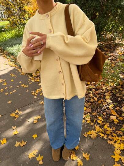Vivid Style Cream Yellow Knitted Cardigan Women's Round Neck Button-Up Loose Oversized Dropped Shoulder Lantern Long Sleeve Comfortable Knit Sweater Jacket