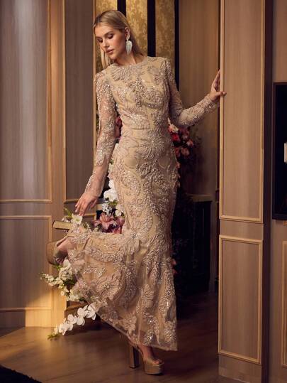 MOTF Soiréza ELEGANT WOMEN 3D FLORAL LONG SLEEVE MERMAID DRESS MAXI GOWN FOR WEDDING GUEST PROM EVENING PARTY