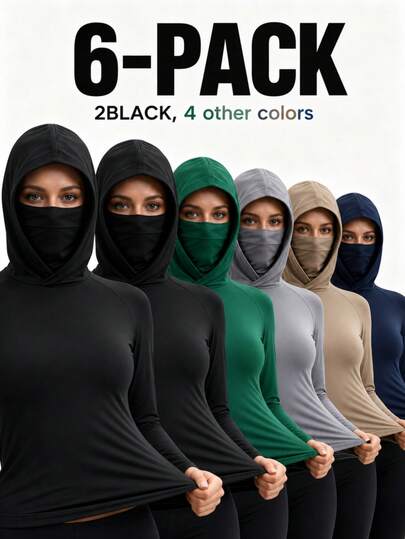 OKP 6-Pack Women's UPF 50+ Sun Protection Hooded Shirts With Face Mask Breathable High Stretch Long Sleeve Outdoor Running Tops