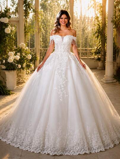 Elegant Princess Style Handmade Beaded Applique Off-Shoulder Wedding Dress (Petticoat Not Included) Fall