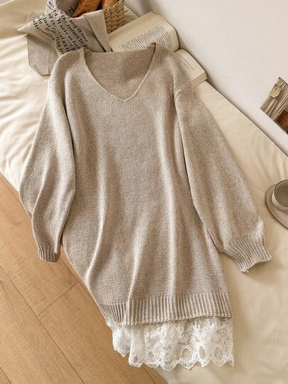 Story & Sage Casual Home Holiday Women's Sweater Dress, Fall/Winter Loose Lace Patchwork Long Sleeve V-Neck Short Sweater Dress, Khaki Casual Knit Lace Dress Women