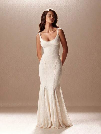 Romantic Bridal Floral Lace Spaghetti Strap Sweetheart Lace-Up Back Snatched Mermaid Maxi Wedding Dress