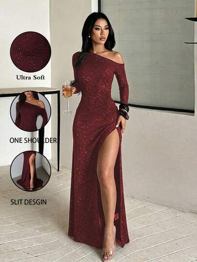 Autumn Dress, Burgundy Valentine's Day Asymmetrical Shoulder Sequin High Slit Skirt, Back To School Outfit, Wedding Party