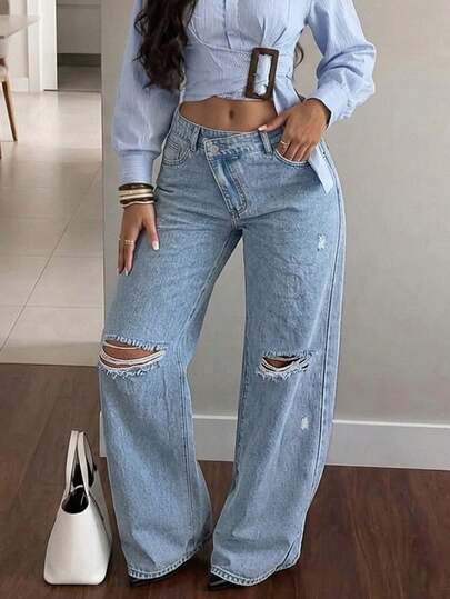 Fashion Distressed Straight Leg Jeans For Women, Autumn