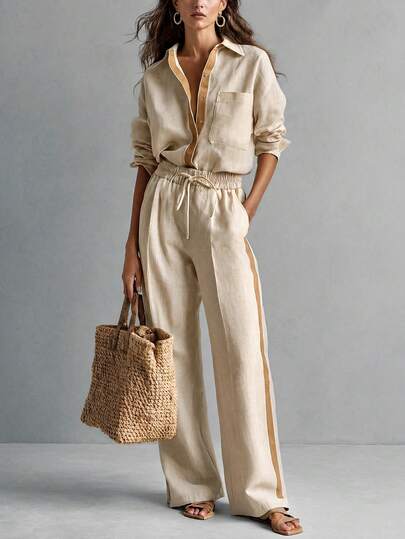 2026 Women's Casual Khaki Cotton-Linen Shirt And Trousers Two-Piece Set