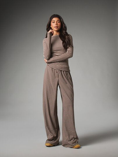 MISSGUIDED Striped Long Sleeve Boat Neck Ruched Top And Wide Leg Pants Co-Ord Set Matching Two Pieces Lounge Outfit