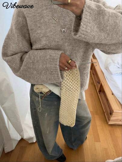 VIBEWAVE Christmas Light Gray American Retro Casual Home Crew Neck Sweater, Autumn/Winter Slouchy Drop Shoulder Loose Wide Sleeve Premium Knit Top