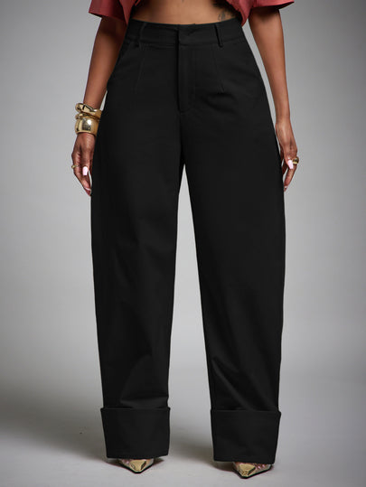 Vixey High Waist Fold Over Cuffed Hem Barrel Leg Trousers